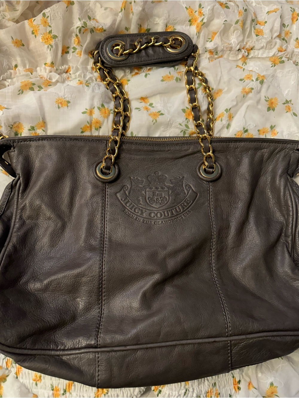 Juicy Couture Dark Brown Leather Tote with Gold Chain Handles